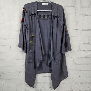 Billy T Embroidered Bell Sleeve Open Boho Cardigan Jacket Womens S Lyocell
